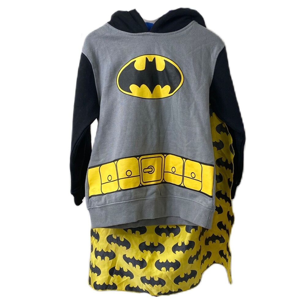 Boys Size 4 to 5 Batman Hoodie With Cape DC Comics Grey and Yellow Long Sleeve